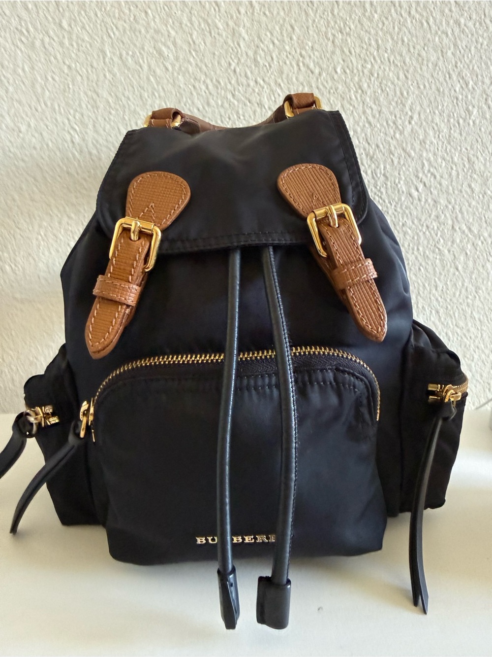 Burberry Black Nylon Backpack with Tan Leather Accents and Gold Hardware